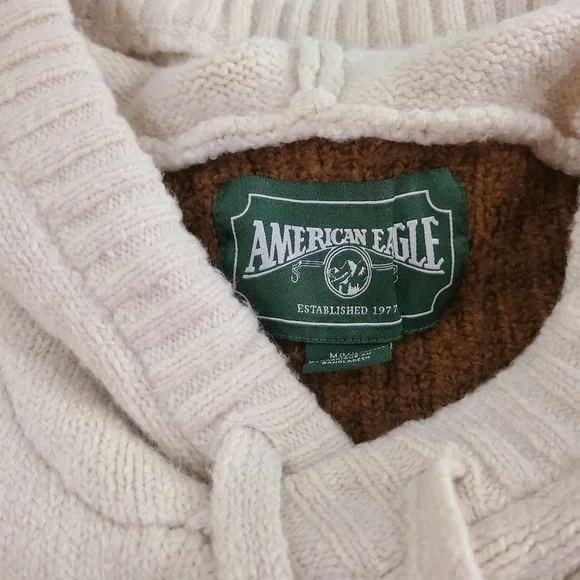 American Eagle Knit Hooded Pullover Deer Sweater Cream Mens Medium Winter FallE - Picture 7 of 9